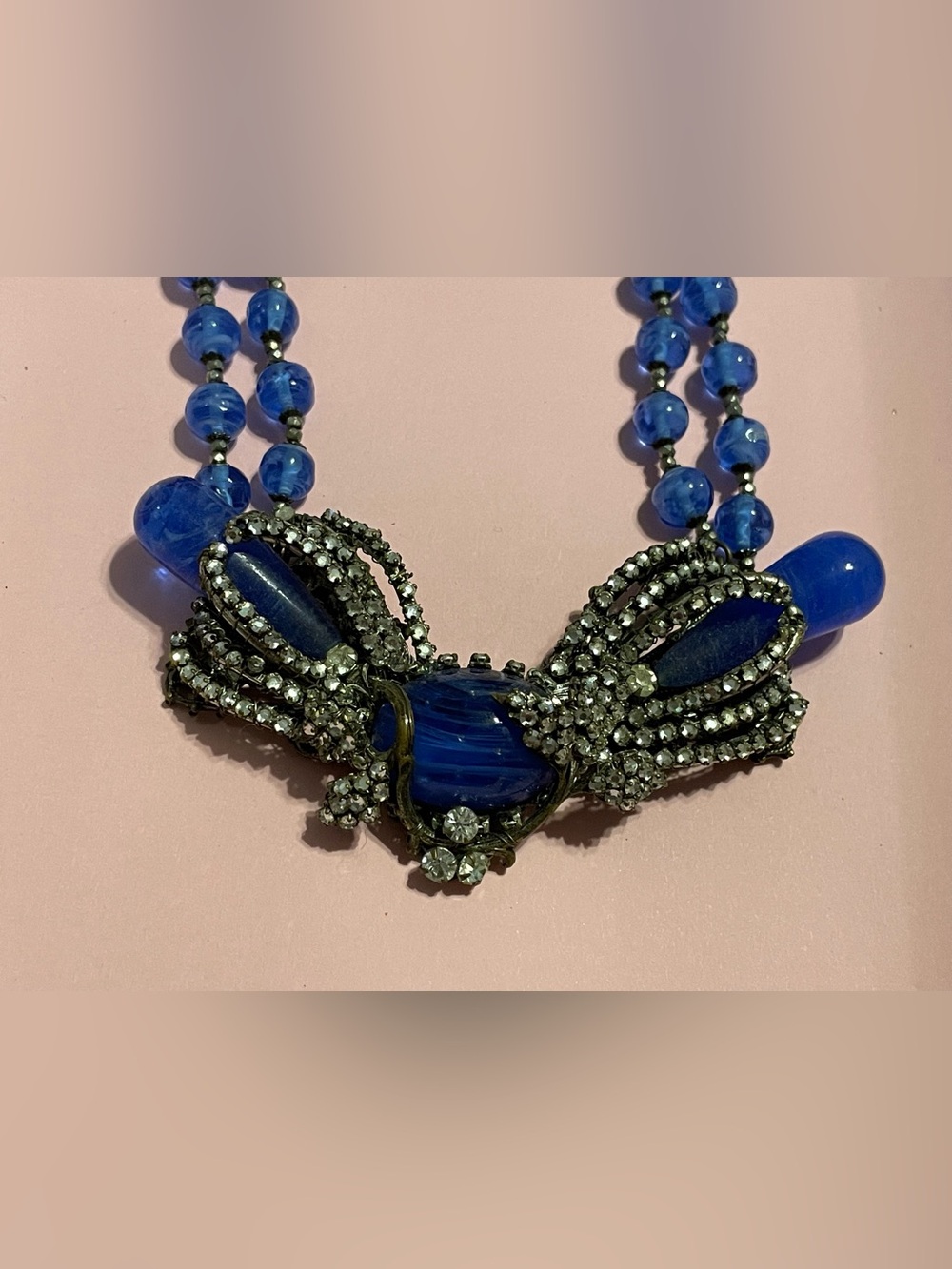 Vintage Ultra Rare Signed Miriam Haskell Cobalt Bead Rhinestone Necklace - Picture 2 of 12